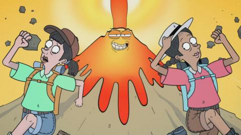 Two hikers are running away from an erupting volcano