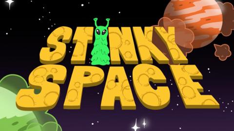 "Stinky Space" logo in outer space surrounded by planets