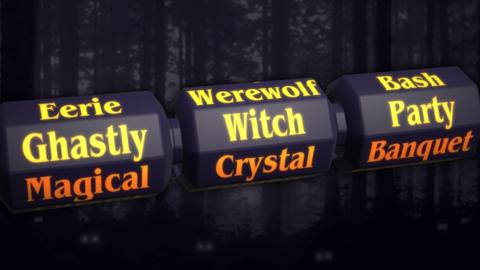 A slot machine spells out the name of a Halloween party from lots of different options. The option showing currently is "Ghastly witch party"