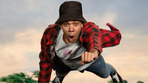 a person flies through the air like a superhero