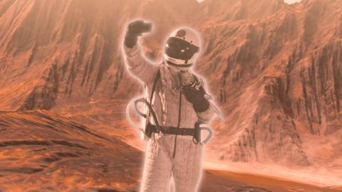 An astronaut in a white space helmet and suit is taking a selfie with his phone in the air, being him is a red, rocky backdrop - Mars.