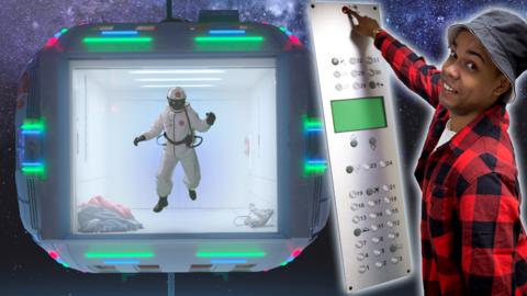 A large space elevator with glowing panels has an astronaut floating in it. Beside that is a young man in a bucket hat and a panel of elevator buttons.