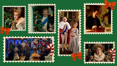 Images from Horrible Histories Christmas special episodes on a green background