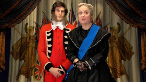 Image of Queen Victoria and her assistant presenting a quiz about inventions.