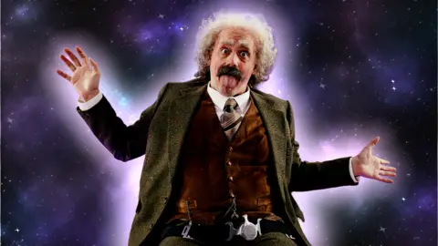 Albert Einstein from Horrible Science poses in front of a starry background.