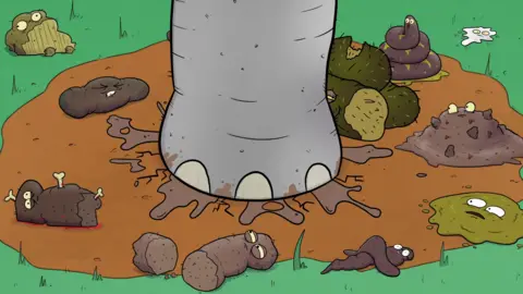 An elephant foot splatting a pile of poo