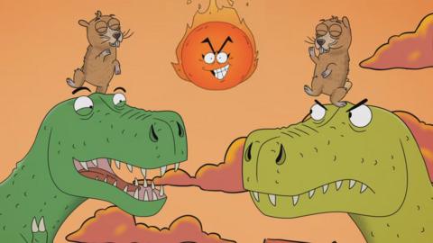 Two dinosaurs are talking, one is happy the other is grumpy