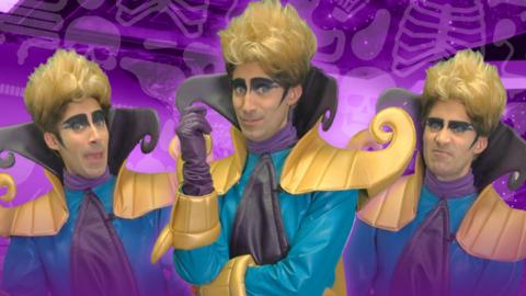 Doctor Big Brain is posing in front of a purple background