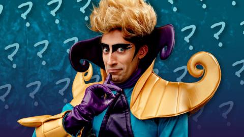 Doctor Big Brain is looking quizzical in front of a background of question marks