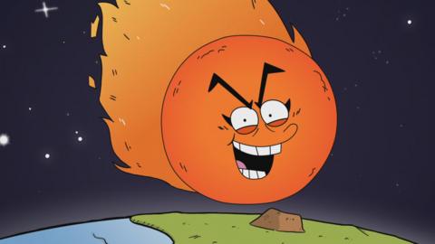 A cartoon of a smiling meteor is racing towards Earth