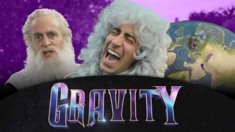 Three historical figures above a logo which says "Gravity"