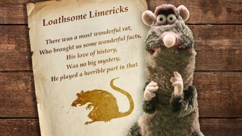 Rattus from Horrible Histories in front of an old piece of paper with a limerick written on it