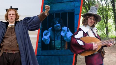 Image divided into three with william the conqueror, King Charles and Mol Cutpurse in Horrible Histories