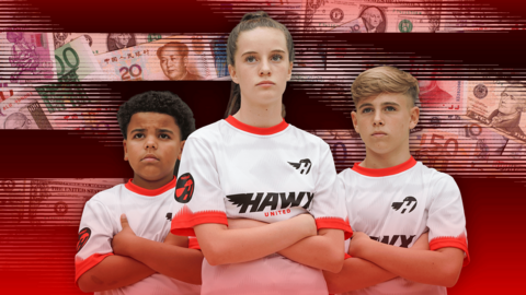 Three footballers have their arms crossed looking straight ahead while surrounded by money
