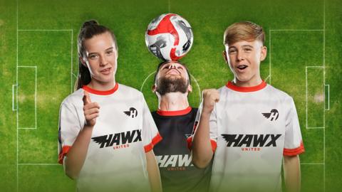 Three footballer posing in front of a football field