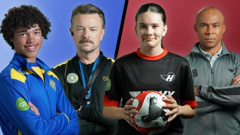 Characters from Jamie Johnson FC against a blue and red background