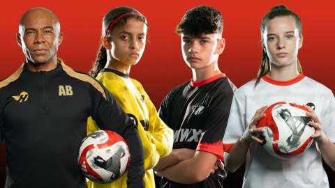 Image of football coaches and players from Hawk United lined up against a black and red background.