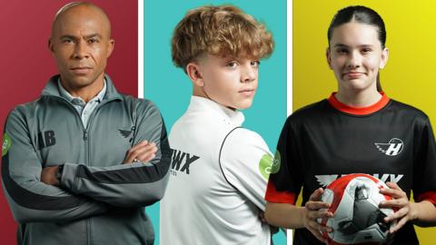 Coach Byrne, Andrew and Christina against red, blue and yellow backgrounds