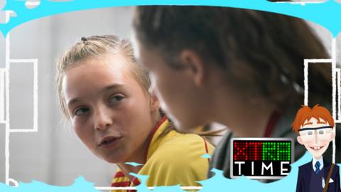 A girl in a football kit is looking at her sister. Text reads 'Extra Time'. Alba and Ruby from the Jamie Johnson series.