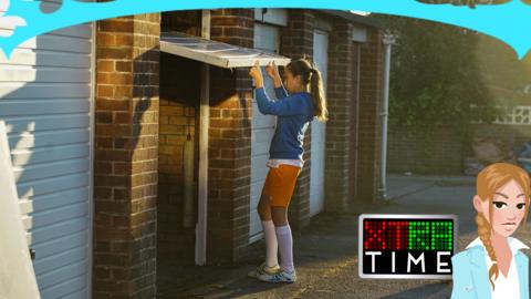 A girl opening a garage. Zoe from the Jamie Johnson series.