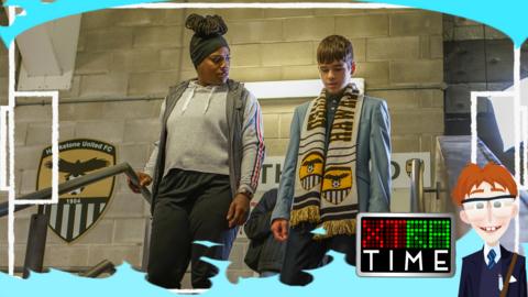 A woman and a boy are walking down some steps in conversation. Molly and Jamie Johnson.