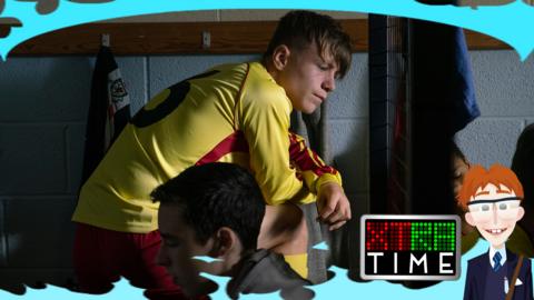 A boy is huddled over in locker room looking despondent. Dillon from Jamie Johnson.