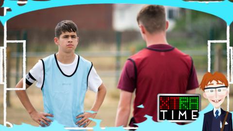 Jamie, a young boy wearing a football jersey, looks on at another young player with his hands on his hips.