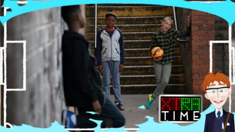 One kid leaning against a wall. Two others by some steps. One is holding a football. Eric, Freddie and Abla from 'Jamie Johnson' series.