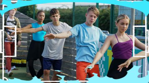 A group of teenagers perform a ballet pose against a fence, Jamie Johnson, Dillon and Boggy as well as two ballet dancers.
