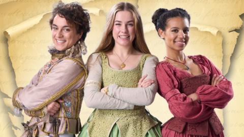 Masou, Grace and Ellie pose with scrolls and letters in the background.