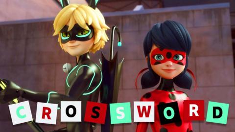 Cat Noir and Ladybug pose with letters spelling crossword underneath.
