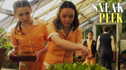 Two girls pick up a snail in a green house.