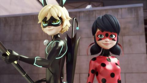 Image of characters from miraculous looking at the camera.