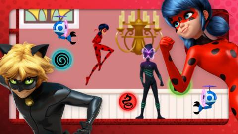 Ladybug and Cat Noir are posing in front of the Peril in Paris game