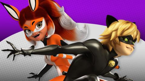Rena Rogue and Cat Noir are posing in front of a purple and white background