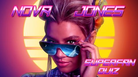 Nova Jones on a neon sunset background.