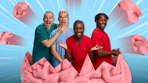 The operation ouch doctors are standing inside an exploding brain