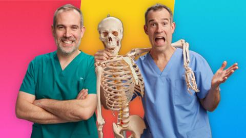 Dr Chris and Dr Xand stand either side of a skeleton model with pink, yellow and blue background