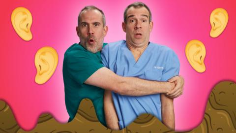 Doctors Chris and Xand look suprised at the camera against a pink background. there is brown goo at the bottom of the image and 4 images of ears surrounding them.