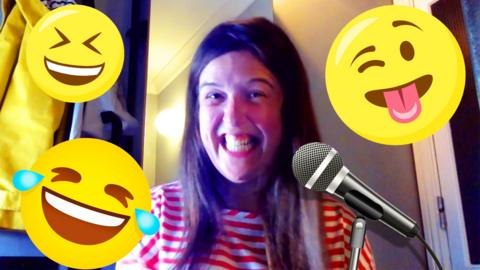 Rosie Jones laughing with emojis and microphone surrounding her.