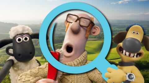 Shaun and Blitzer hold a magnifying glass up to The Farmer