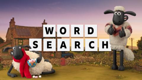 Image of two sheep on a background featuring a sky at dusk and a house with the letters spelling word search