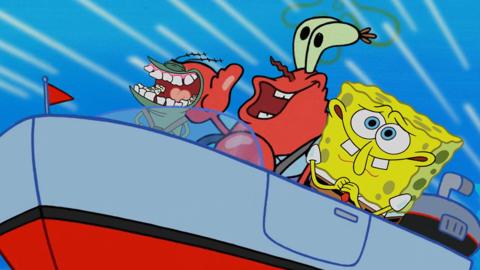 SpongeBob, Mr Krabs and Plankton are driving fast in a boat