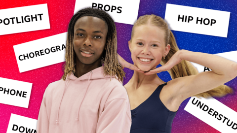 a boy and a girl happily pose in front of theatre related words