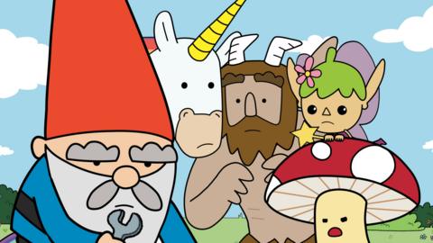 Image of the Super Happy Magic Forest heroes looking puzzled at the camera as the gnome holds a spanner.