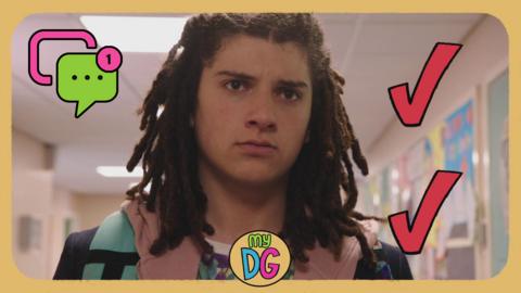A boy, Tyler from The Dumping Ground is looking upset and angry. There are tick icons and a message icon next to him.