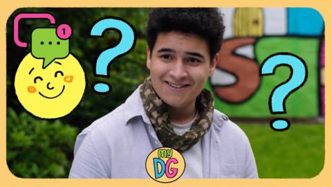 A boy from The Dumping Ground, Bird, is smiling. There are question marks around him and a happy emoji symbol.