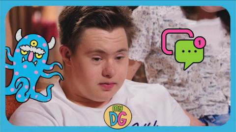 A boy (Finn from The Dumping Ground) looks sad and unsure, surrounded by a cartoon blue monster and a speech bubble.