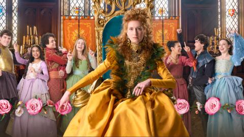 The Queen is posing surrounded by her subjects who are having fun dancing