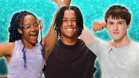 Three characters posing and smiling